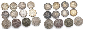 Vereinigte Staaten von Amerika, Sammlung von 12 "Liberty Seated Dimes". Enthalten sind: 1838, 1853, 1855, 1856, 1857, 1877, 1884, 1885. Dazu: "Shield ...