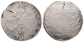 Belgien Brabant, Philipp IV. 1621-1665, Patagon 1623, Antwerpen. 27,46 g. Dav. 4462. Schrötlingsriss, Kratzer, sehr schön
