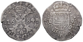 Belgien Brabant, Karl II. 1665-1700, Patagon 1684, Antwerpen. 27,87 g. Dav. 4491. Selten. Schrötlingsfehler, sehr schön