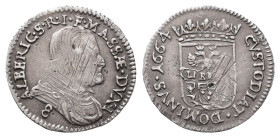 Italien Massa di Lunigiana, Alberico II. Cybo-Malaspina 1662-1664, Luigino zu 8 Bolognini 1664. 2,03 g. Cammarano 225. Justiert, Kratzer, sehr schön