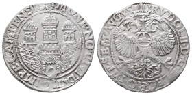 Niederlande Campen, Stadt, Reichstaler o. J., mit Titel Rudolfs II. 28,85 g. Dav. 8881. Leicht gereinigt, Randfehler, bearbeitet, sehr schön
