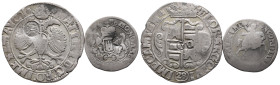 Niederlande Campen, Stadt, Gulden zu 28 Stüber mit Titel Matthias. Mit Gegenstempel "GO" auf der Vorder und "Pfeilbündel" auf der Rückseite. Dazu: 6 S...