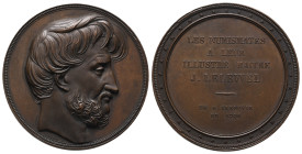 Polen, Nikolaus I. von Russland 1825-1855, Bronzemedaille o. J. (1847) von Veyrat, auf den Numismatiker Joachim Lelewel. Büste nach rechts // Sechs Ze...