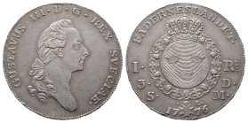 Schweden, Gustav III. 1771-1792, Riksdaler 1776, Stockholm. 29,28 g. Dav. 1735; Ahlström 43. Hübsche Patina, Rand leicht bearbeitet, sehr schön-vorzüg...