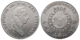 Schweden, Gustav III. 1771-1792, Riksdaler 1777, Stockholm. 29,27 g. Dav. 1735; Ahlström 44. Hübsche Patina, Kl. Kratzer, fast vorzüglich
