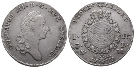 Schweden, Gustav III. 1771-1792, Riksdaler 1777, Stockholm. 29,25 g. Dav. 1735; Ahlström 44. Winz. Randfehler, sehr schön-vorzüglich