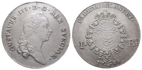 Schweden, Gustav III. 1771-1792, Riksdaler 1788, Stockholm. 29,15 g. Dav. 1736; Ahlström 51. Winz. Henkelspur, kl. Randfehler, sehr schön