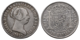 Spanien, Isabel II. 1833-1868, 10 Reales 1853, Madrid. 12,81 g. Cal. 528. Kl. Randfehler, sehr schön