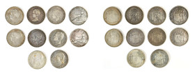 Spanien, kl. Konvolut von 5 Pesetas Stücken aus der Zeit von 1869 bis 1898. 10 Stück. Sehr schön-vorzüglich