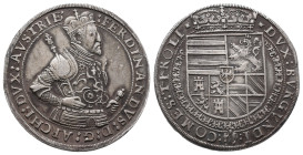 Römisch Deutsches Reich / Haus Habsburg, Ferdinand 1564-1595, Reichstaler o. J., Hall. 28,28 g. Dav. 8102. Kl. Zainende, sehr schön-vorzüglich