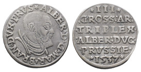 Brandenburg Preussen, Albrecht 1525-1568, 3 Gröscher 1537, Königsberg. 2,48 g. Kop. 3800. Selten. Sehr schön