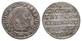 Brandenburg Preussen, Albrecht 1525-1568, 3 Gröscher 1538, Königsberg. 2,48 g. Kop. 3803. Selten. Sehr schön