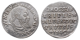 Brandenburg Preussen, Albrecht 1525-1568, 3 Gröscher 1540, Königsberg. 2,68 g. Kop. 3804. Sehr selten. Kl. Prägeschwäche, Feilspur am Rand, vorzüglich...
