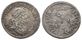 Brandenburg Preussen, Friedrich Wilhelm 1640-1688, 1/3 Taler 1674 HS, Königsberg. 9,48 g. Kl. Grafitti, min. Schrötlingsfehler am Rand, fast vorzüglic...