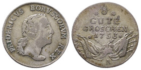 Brandenburg Preussen, Friedrich II. 1740-1786, 8 Gute Groschen 1753 A, Berlin. 8,60 g. Olding 18. Sehr schön