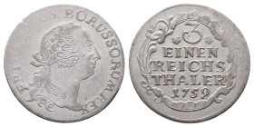 Brandenburg Preussen, Friedrich II. 1740-1786, 1/3 Taler 1759, Dresden. 7,48 g. Olding 344. Prägeschwäche, winz. Randfehler, sehr schön-vorzüglich