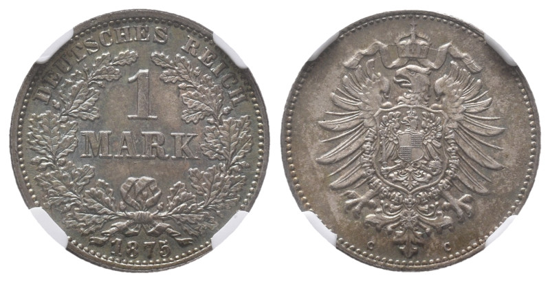 Kleinmünzen, 1 Mark 1875 C, Frankfurt. J. 9. Herrliche Patina, fast Stempelglanz...