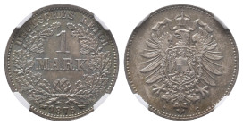 Kleinmünzen, 1 Mark 1875 C, Frankfurt. J. 9. Herrliche Patina, fast Stempelglanz. Im NGC Plastikholder mit der Bewertung MS 64. (2709671-167)