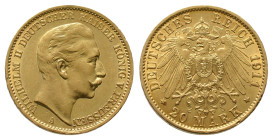 Preussen, Wilhelm II. 1888-1918, 20 Mark 1911 A. J. 252. Kl. Randfehler, sehr schön-vorzüglich