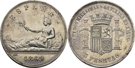 Gobierno Provisional. Madrid. 5 pesetas. 1869*18-. Casi SC-/SC. Muy rara