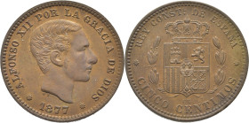 Alfonso XII. Barcelona. 5 céntimos. 1877. SC/SC-. Intensa fuerte pátina. Atractiva