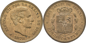 Alfonso XII. Barcelona. 5 céntimos. 1878. SC. Magnífica. Llamativo brillo. Bellísima