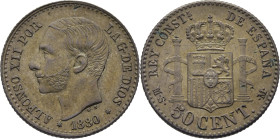 Alfonso XII. Madrid. 50 céntimos. 1880*8-0. SC/SC-. Suave pátina blanquecina. Muy buen ejemplar