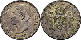 Alfonso XII. Madrid. 5 pesetas. 1875*18-75. Casi EBC+/EBC. Tono intenso