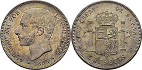 Alfonso XII. Madrid. 5 pesetas. 1885*18-85. SC. Bellísimo tono. Espectacular brillo. Muy atractiva