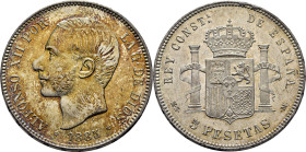 Alfonso XII. Madrid. 5 pesetas. 1885*18-87. SC. Tono en anverso. Magnífica