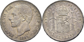Alfonso XII. Madrid. 5 pesetas. 1885*18-87. Casi EBC+. Intenso atractivo tono