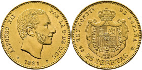 Alfonso XII. Madrid. 25 pesetas. 1881*18-81. SC/SC+. Espléndida. Intenso brillo. Magnífica