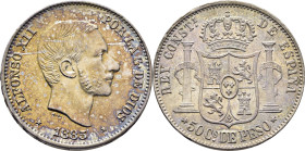 Alfonso XII. Islas Filipinas. Madrid. 50 centavos. 1885. SC-/SC o algo mejor. Suave pátina. Muy buen ejemplar
