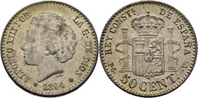 Alfonso XIII. Madrid. 50 céntimos. 1894*9-4. SC-/SC. Buen ejemplar con bellísimo brillo