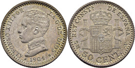 Alfonso XIII. Madrid. 50 céntimos. 1904*0-4. SC. Suave pátina. Muy buen ejemplar. Bellísimo brillo
