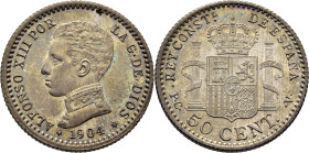 Alfonso XIII. Madrid. 50 céntimos. 1904*1-0. SC+/SC. Espléndido anverso. Bellísimo brillo