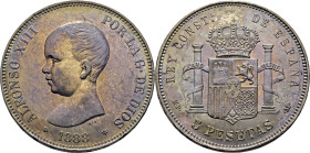 Alfonso XIII. Madrid. 5 pesetas. 1888*18-88. EBC+/SC-. Tono oscuro. Atractiva