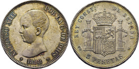 Alfonso XIII. Madrid. 5 pesetas. 1888*18-88. MSM. Mejor que EBC+/SC-. Bellísimo tono iridiscente. Soberbio. Muy rara en esta condición