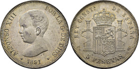 Alfonso XIII. Madrid. 5 pesetas. 1891*18-91. Casi SC-/SC-. Muy bello ejemplar. Atractiva