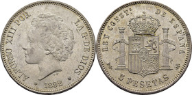 Alfonso XIII. Madrid. 5 pesetas. 1892*18-92. SC. Suave pátina clara. Magnífica. Gran atractivo