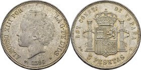 Alfonso XIII. Madrid. 5 pesetas. 1894*18-94. SC. Sobresaliente. Llamativo brillo. Estupendo reverso