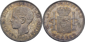 Alfonso XIII. Islas Filipinas. Madrid. 1 peso. 1897. SC+. Extraordinario anverso FDC o PROOFlike