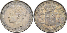 Alfonso XIII. Puerto Rico. Madrid. 20 centavos. 1895. SC. Tono. Extraordinaria. Raro
