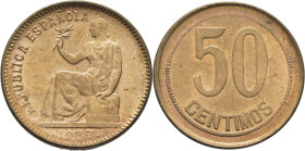 II República. Madrid. 50 céntimos. 1937. Orla de rectángulos. Casi SC+. Estupenda. Llamativo brillo