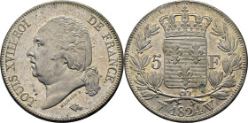FRANCIA. Luis XVIII. Lille. 5 francos. 1824 W. FDC. Espectacular. Llamativo brillo. Magnífica