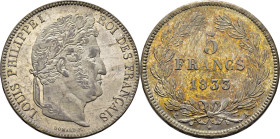 FRANCIA. Luis Felipe I. París. 5 francos. 1833 A. SC+/SC. Suave tono rojizo en reverso. Espléndida. Muy bella