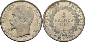 FRANCIA. Luis Napoleón Presidente de la República. París. 5 francos. 1852-A. SC+. Magnífica. Estupenda acuñación