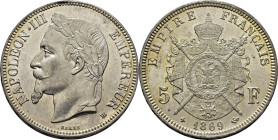FRANCIA. Napoleón III. Estrasburgo. 5 francos. 1869 BB. FDC. Espectacular. Muy difícil de mejorar. Espléndida