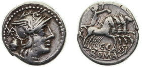 Rome Roman Republic (ancient) 126 BC AR Denarius (Cassia: Gaius Cassius; C•CASSI ROMA) Silver Rome Mint 3.88g VF RRC 266/1 RCV I 142 CRR 502