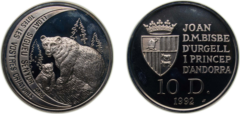 Andorra Principalty 1992 10 Diners - Joan Martí i Alanis (Brown Bear) Silver (.9...